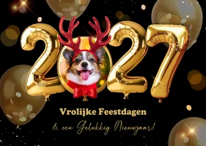 Kerstkaart met gouden heliumballonnen, eigen foto en props