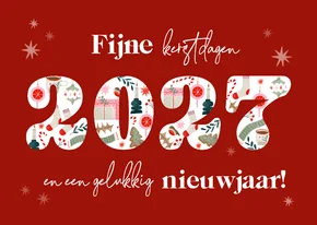 Kerstkaart met jaartal vrolijke illustraties en sterren rood