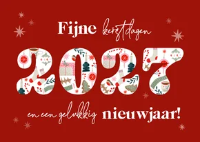 Kerstkaart met jaartal vrolijke illustraties en sterren rood