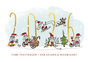Kerstkaart met kerstmannetjes en 2026