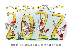 Kerstkaart met kerstmannetjes en jaartal 2027