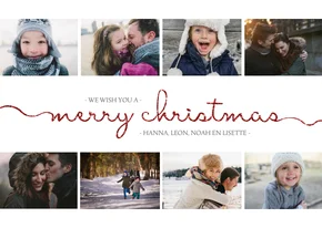 Kerstkaart met sierlijke letters en foto's