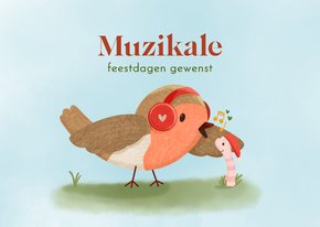 Kerstkaart met vrolijke illustratie van zingend roodborstje