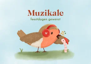 Kerstkaart met vrolijke illustratie van zingend roodborstje
