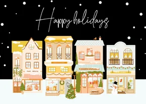 Kerstkaart met vrolijke winterhuisjes