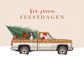 Kerstkaart pickup truck met kerstboom