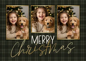Kerstkaart ruitjes groen fotocollage merry christmas
