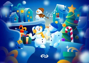 Kerstkaart sneeuwpoppen in een winters dorpje NS Wintercity