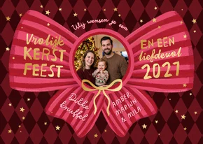 Kerstkaart strik hip roze rood goud sterretjes foto
