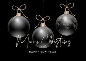 Kerstkaart transparante kerstballen zwart goud