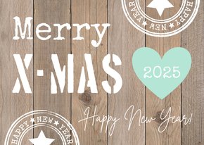 Kerstkaart typografie houtlook hartje mintgroen 2025