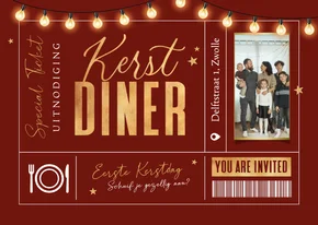 Kerstkaart uitnodiging kerstdiner ticket goud sterren lampje