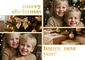 Kerstkaart vier foto's gouden spetters merry christmas 