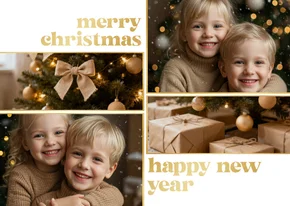 Kerstkaart vier foto's gouden spetters merry christmas 