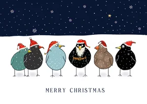 Kerstkaart vogels met kerstmuts en baard in de sneeuw