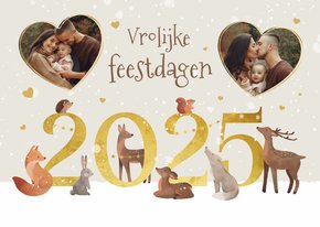 Kerstkaart vrolijke dieren 2025 jaartal liefde hartjes