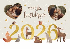 Kerstkaart vrolijke dieren 2026 jaartal liefde hartjes