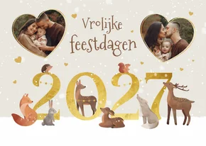 Kerstkaart vrolijke dieren 2027 jaartal liefde hartjes