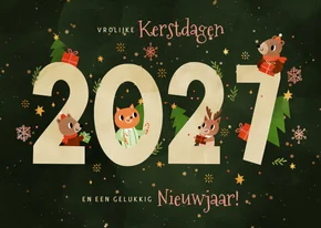 Kerstkaart vrolijke diertjes met cadeaus 2027 donkergroen 