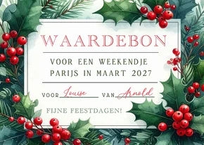 Kerstkaart waardebon met kersttakjes - als kerstcadeau