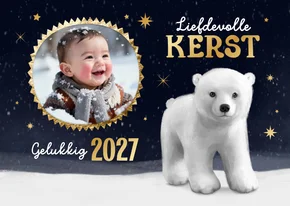 Kerstkaart winter ijsbeer foto sterren goud fijne kerst 2027