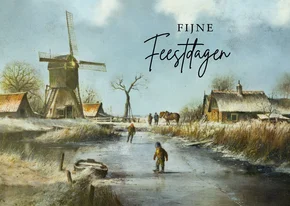 Kerstkaart winterlandschap met molen