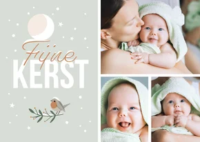 Kerstkaartje fotocollage maan roodborstje en vlokjes