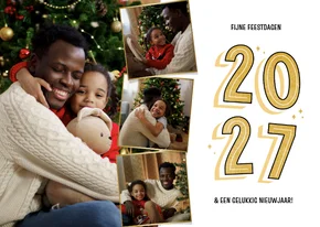 Kerstkaartje met vier foto's wit 2027 goud