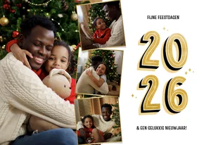 Kerstkaartje met vier foto's wit 2027 goud