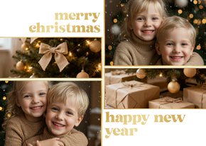 Kerstkaartjes vier foto's gouden spetters merry christmas