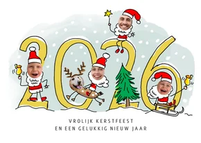 Kerstmannetjes fotokaart voor 5 personen met jaartal