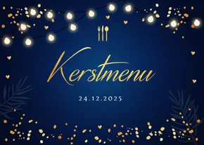 Kerstmenu kaart blauw lampjes goudlook