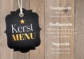 Kerstmenukaart hout bruin goudlook en label zwart