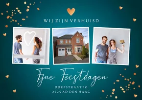 Kerstverhuiskaart blauw fotocollage koperlook