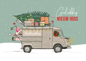 Kerstverhuiskaart HY bus met kerstboom en verhuisspullen