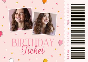 Kinderfeestje ticket roze ballonnetjes en confetti trendy