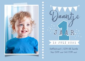 Kinderfeestje uitnodiging 1 jaar jongen foto feest slinger