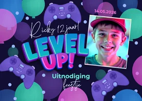 Kinderfeestje uitnodiging game party level up gaming