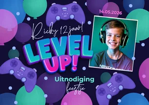Kinderfeestje uitnodiging game party level up gaming