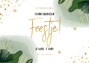 Kinderfeestje uitnodiging jungle bladeren en goudlook