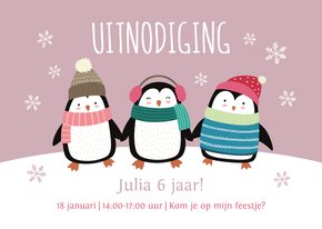 Kinderfeestje uitnodigingskaart pinguïns roze