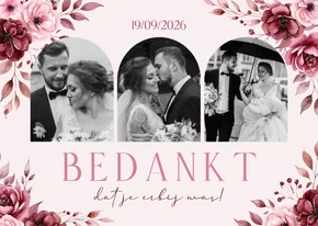 Klassieke bedankkaart met foto's in roze met aquarel rozen