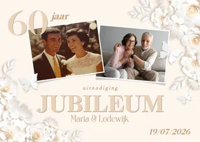 Klassieke fotokaart huwelijksjubileum met witte bloemen en v