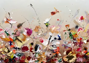 Kunstkaart met vrolijk bloemenveld