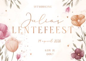 Lentefeest uitnodiging waterverf bloemen met koperen hartjes