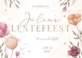 Lentefeest uitnodiging waterverf bloemen met koperen hartjes