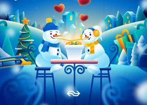 Leuke kerstkaart NS Wintercity sneeuwpopjes aan tafel