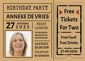 Leuke uitnodiging "Free Tickets For Two" voor een vrouw