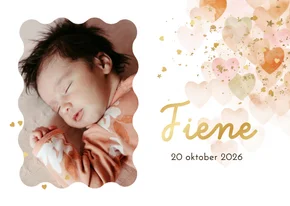 Lief geboortekaartje watercolor hartjes foto confetti goud