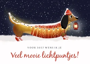 Liefdevolle nieuwjaarskaart Teckel met lampjes in de sneeuw